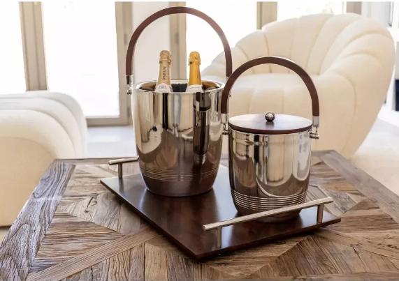 SEAU A GLACE DOUBLE PAROI AVEC ANSE ET COUVERCLE EN BOIS 19X19X24CM