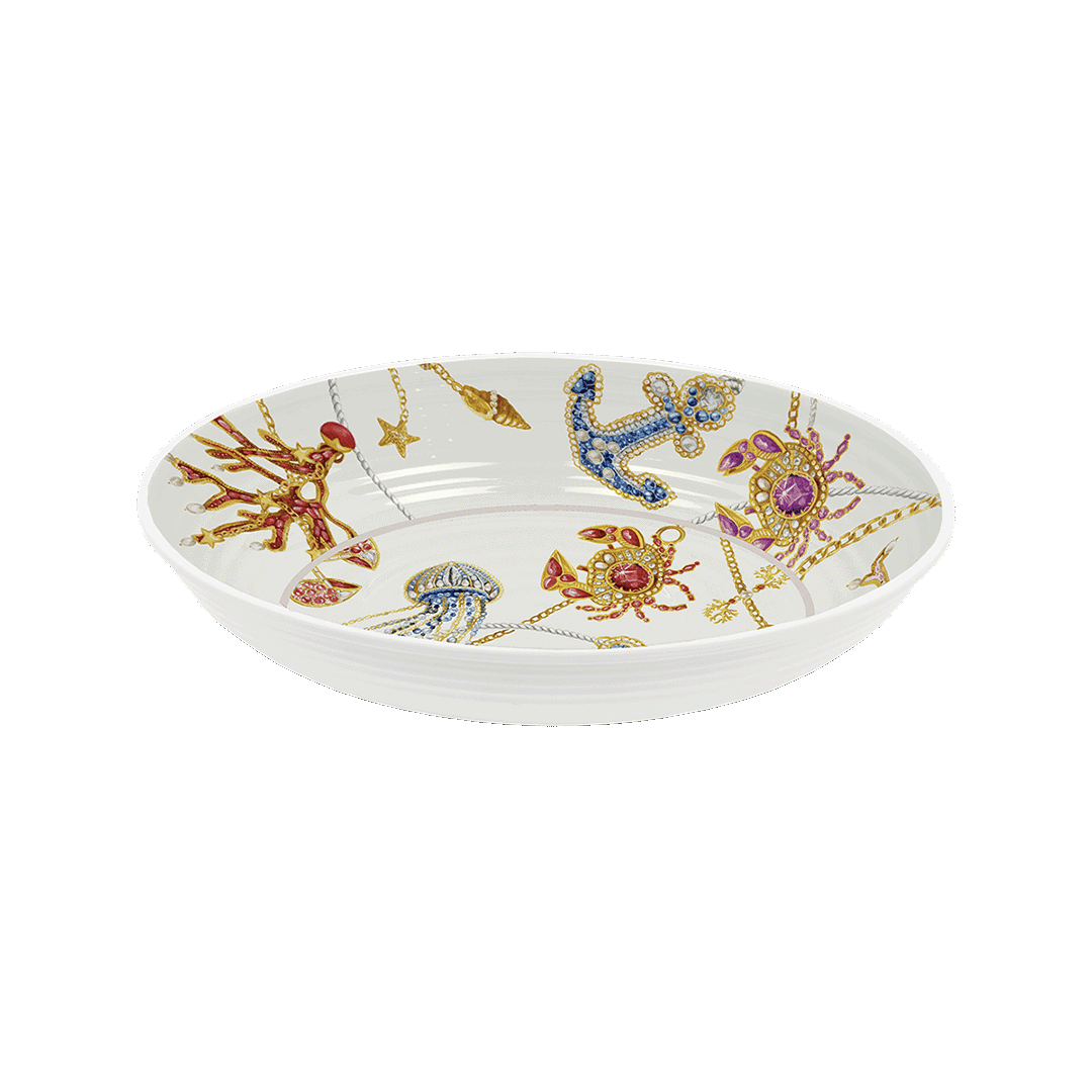 Assiette creuse "Portofino" Baci Milano avec motifs marins et bijoux dorés – style méditerranéen chic