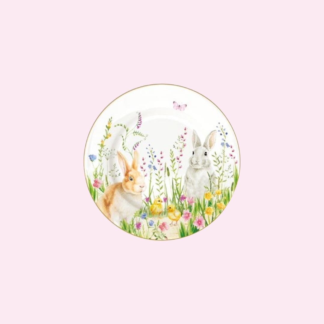 Assiette dessert Ø 19 cm Happy Easter Pâque en porcelaine avec motifs lapins et fleurs – Maison H Luxury.