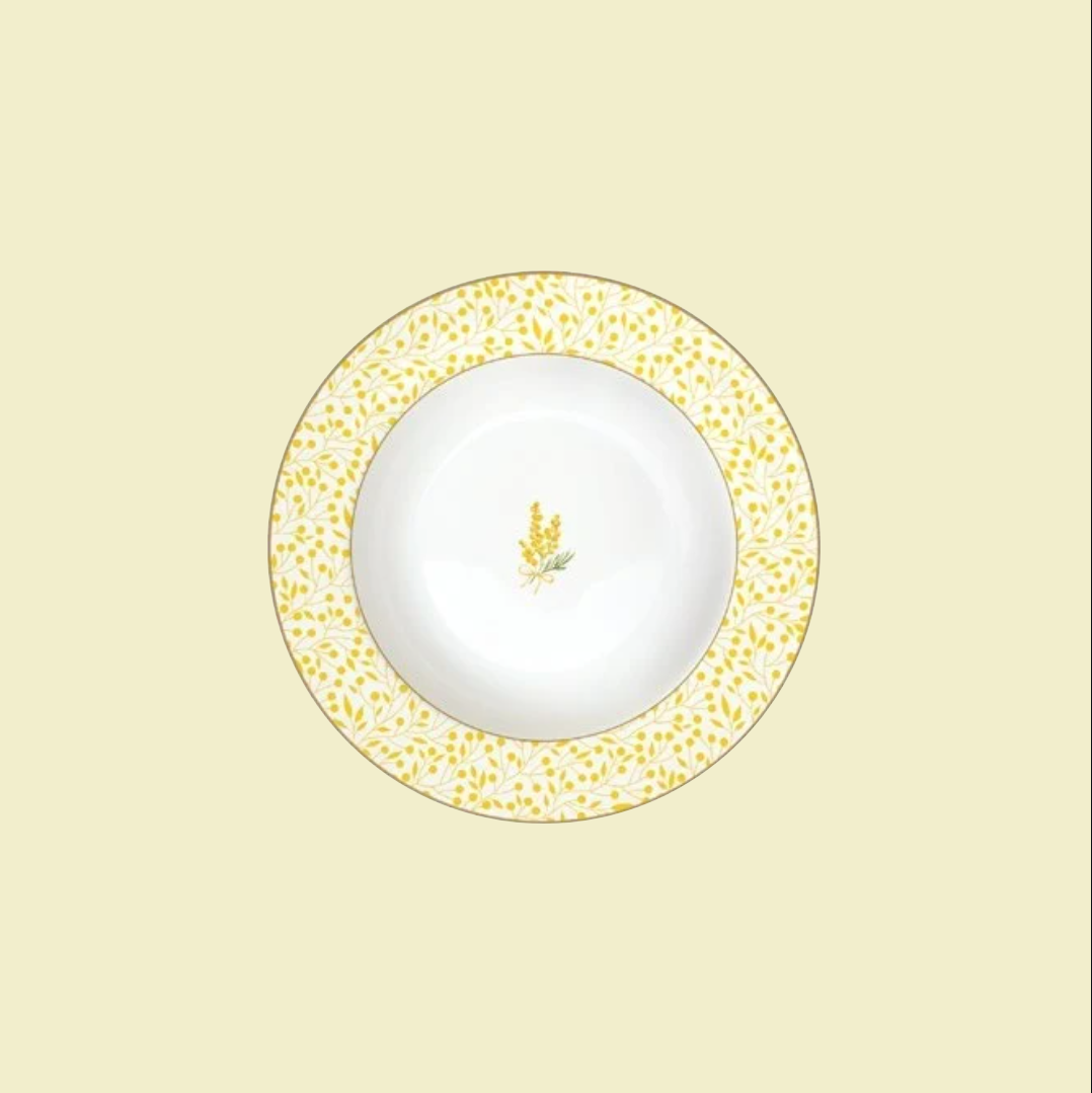 Assiette à soupe Ø 21,5 cm en porcelaine décor Mimosa avec fleurs jaunes et oiseau bleu – Maison H Luxury.