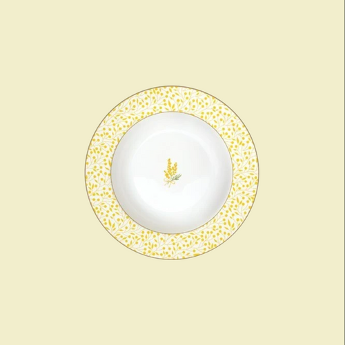 Assiette à soupe Ø 21,5 cm en porcelaine décor Mimosa avec fleurs jaunes et oiseau bleu – Maison H Luxury.