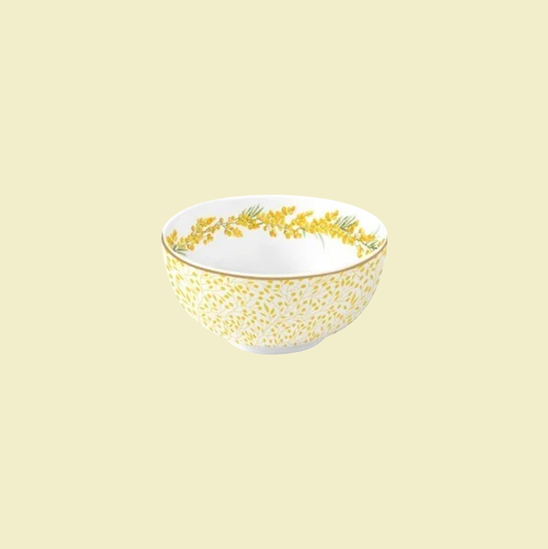 Bol en porcelaine Ø 12 x H 5,5 cm décor Mimosa avec fleurs jaunes et oiseau bleu – Maison H Luxury.