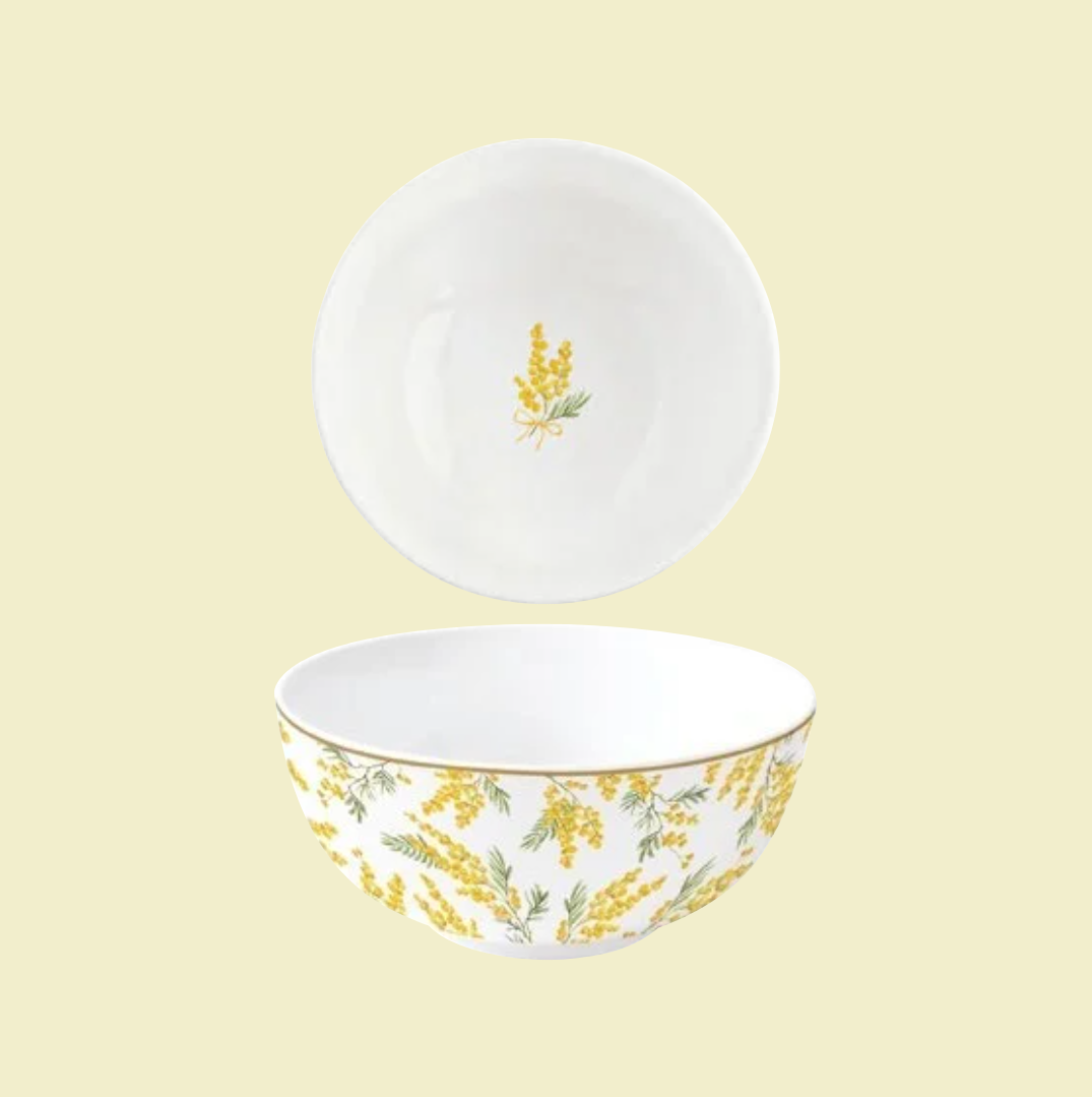 Bol en porcelaine Ø15 x H7 cm décor Mimosa avec fleurs jaunes et oiseau bleu – Maison H Luxury.