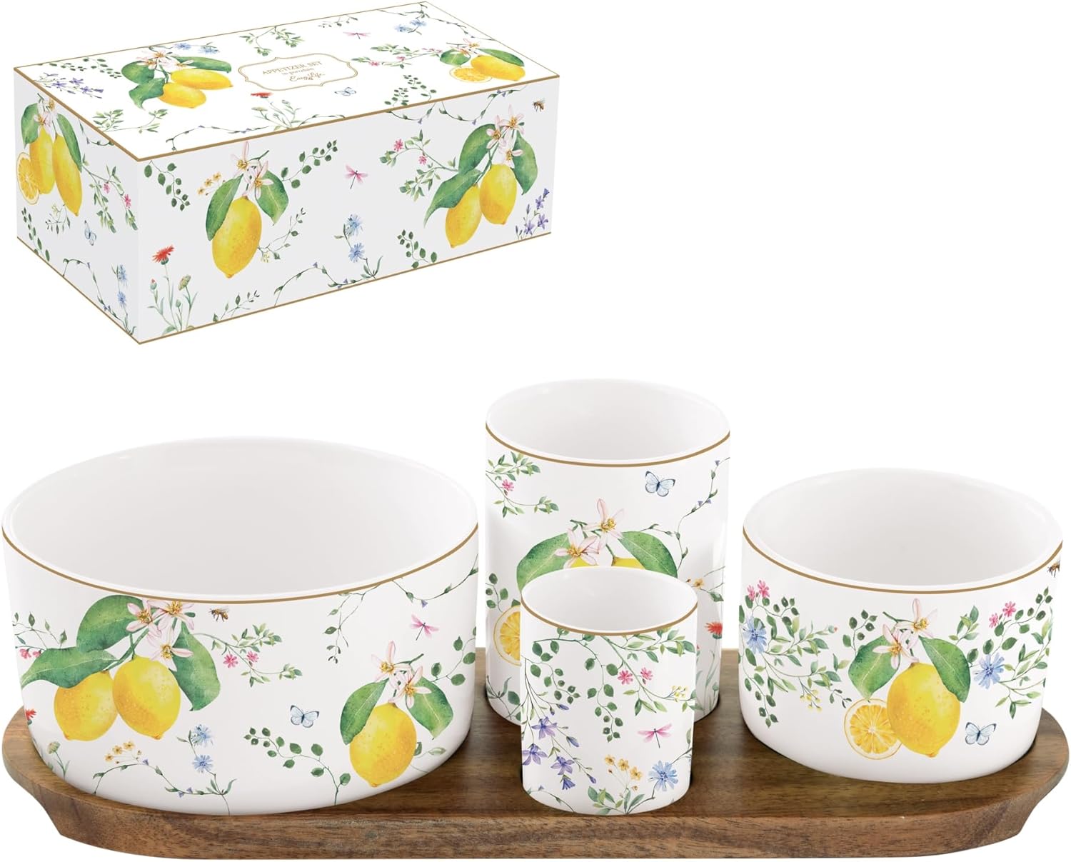 Coffret 4 Coupelles Porcelaine & Plateau Bambou “Fleurs et Citrons”