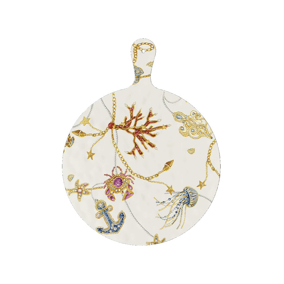 Planche à découper ronde 31,5 x 41,8 cm "Portofino" Baci Milano en mélamine, décor marin et bijoux dorés