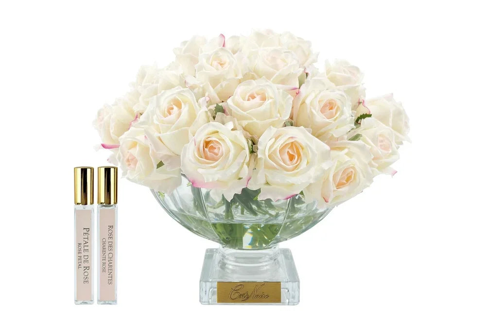 Côte Noire, Centre de table, Boutons de rose, Bouquet parfumé, Décoration florale, Maison H Luxury, Parfum d’intérieur, Art floral haut de gamme