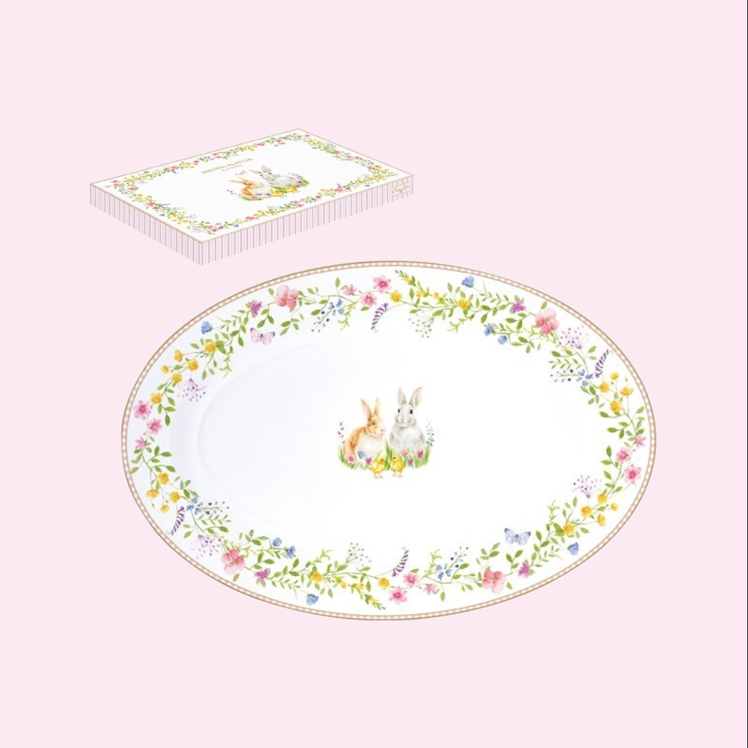 Coffret plat ovale 35 x 23,5 cm Happy Easter Pâque décoré de lapins et fleurs pastel – Maison H Luxury.