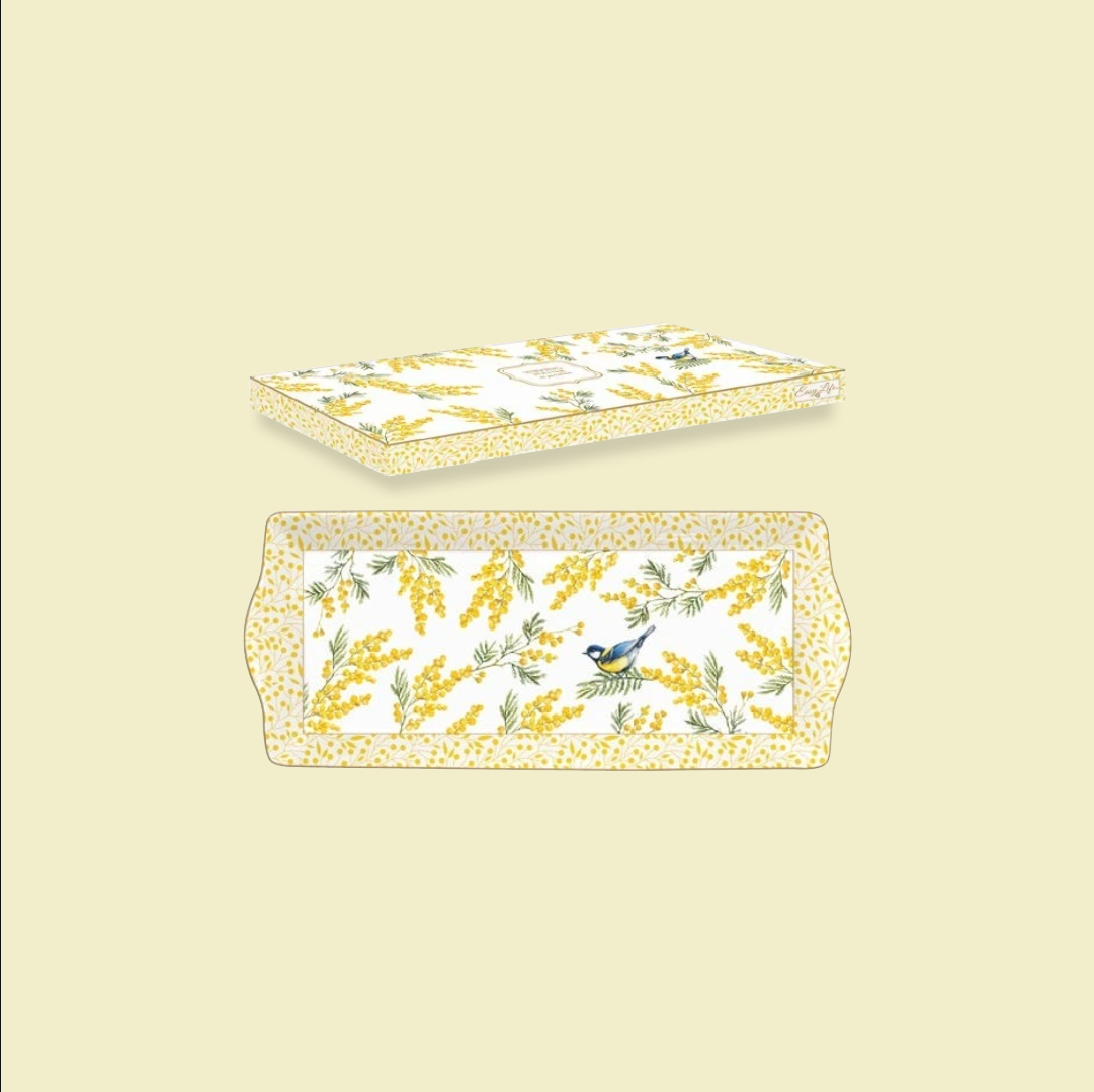 Coffret plat à cake 35 x 15 cm en porcelaine décor Mimosa avec fleurs jaunes et oiseau bleu – Maison H Luxury.