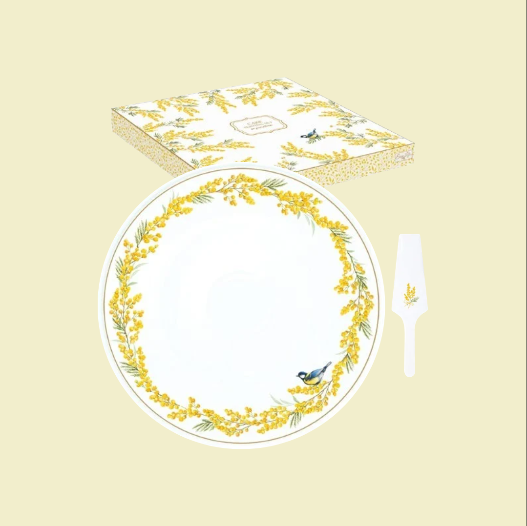 Coffret plat à tarte Ø 32 cm Mimosa avec pelle en porcelaine, décor fleurs jaunes et oiseau bleu – Maison H Luxury.