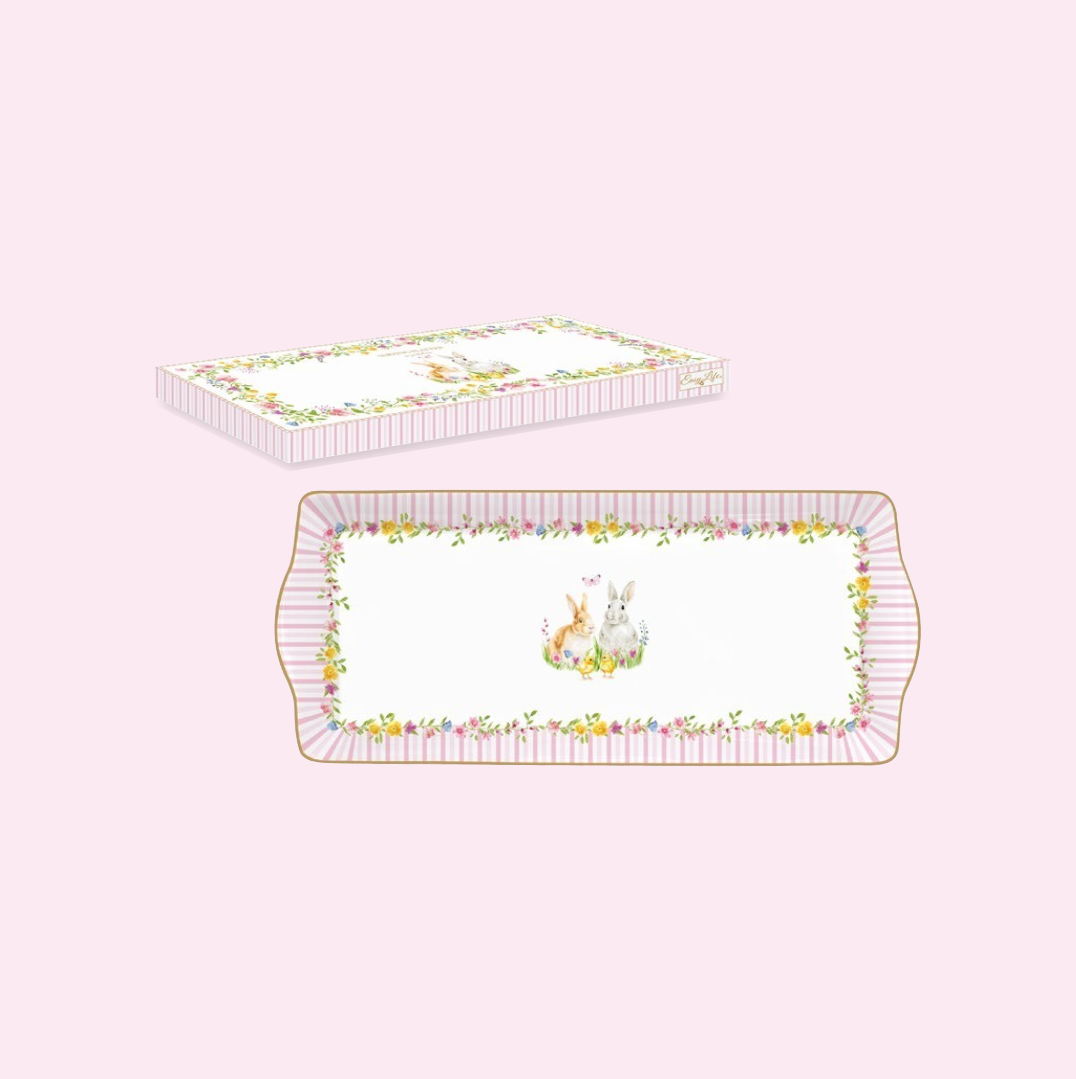 Coffret plat rectangulaire 35 x 15 cm Happy Easter Pâque décoré de lapins et fleurs pastel – Maison H Luxury.