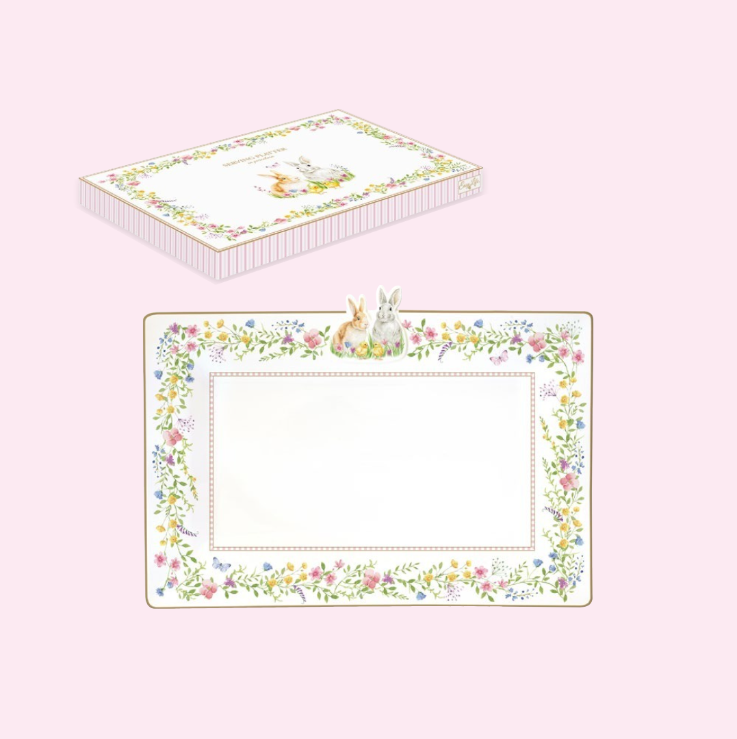 Coffret plat rectangulaire 36 x 24 cm Happy Easter Pâque avec lapins et fleurs pastel – Maison H Luxury.