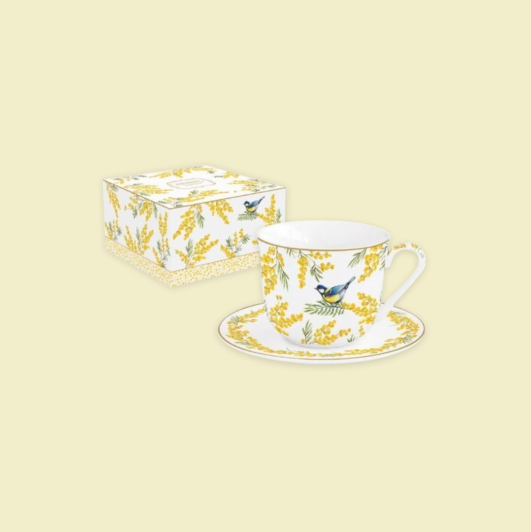 Coffret tasse déjeuner 370 ml avec soucoupe en porcelaine décor Mimosa – Maison H Luxury.