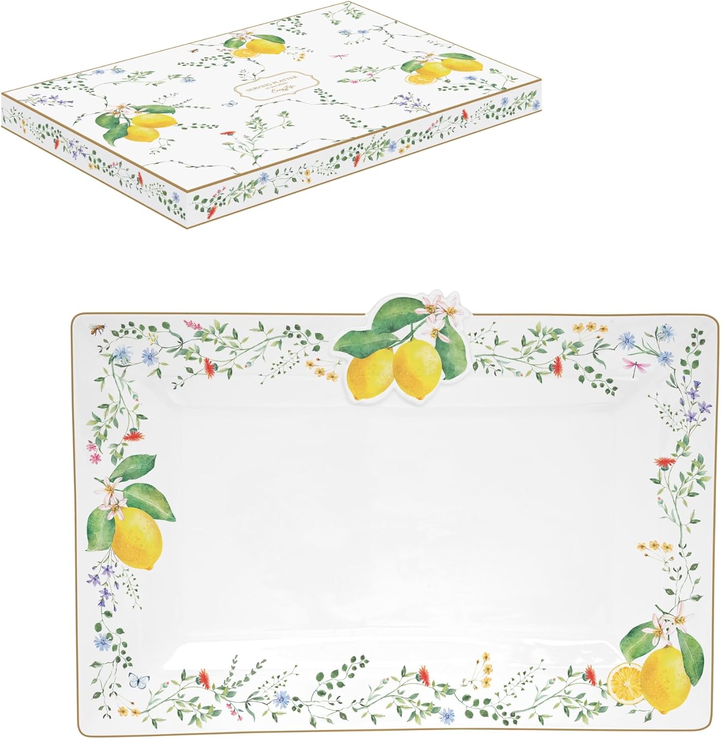 Plat en porcelaine 36×24 cm, motif citron et fleurs – Collection Fleurs et Citrons. Élégance Easy Life x Maison H Luxury.