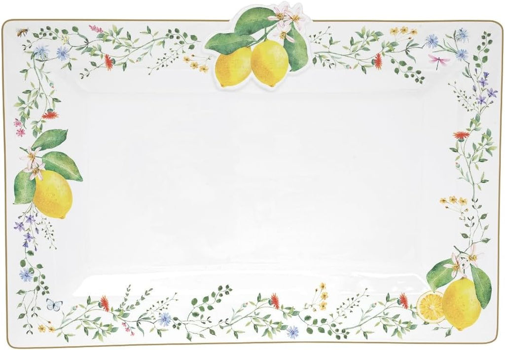 Plat en porcelaine 36×24 cm, motif citron et fleurs – Collection Fleurs et Citrons. Élégance Easy Life x Maison H Luxury.