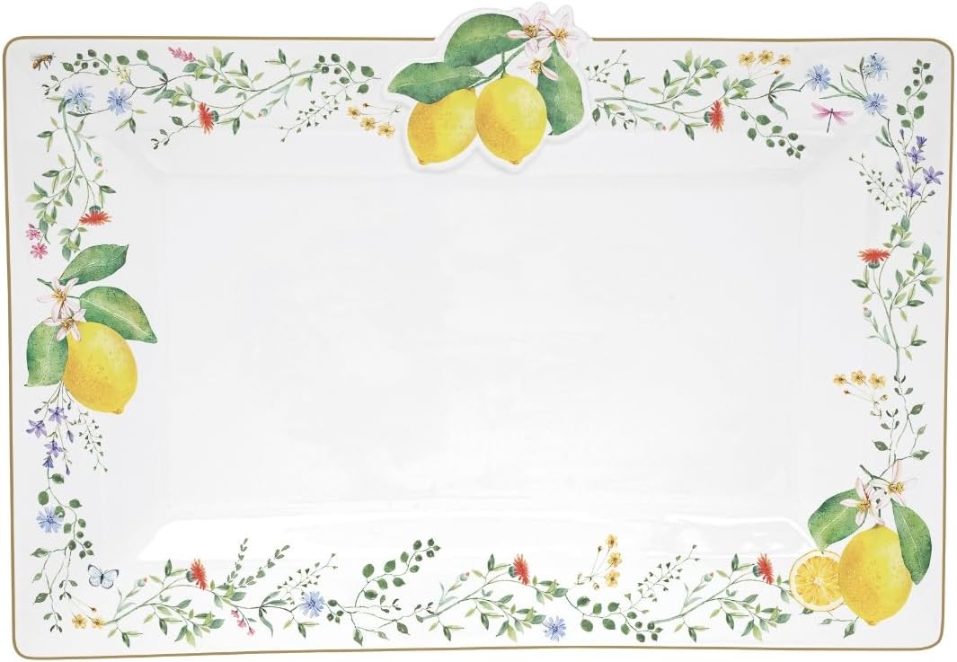Plat en porcelaine 36×24 cm, motif citron et fleurs – Collection Fleurs et Citrons. Élégance Easy Life x Maison H Luxury.