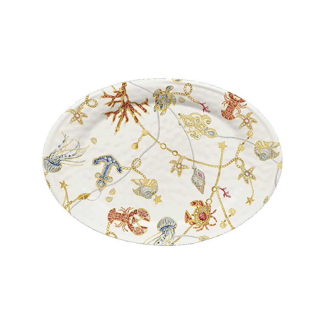 Assiette ovale 50 x 35 cm "Portofino" Baci Milano en mélamine avec motifs marins et bijoux dorés