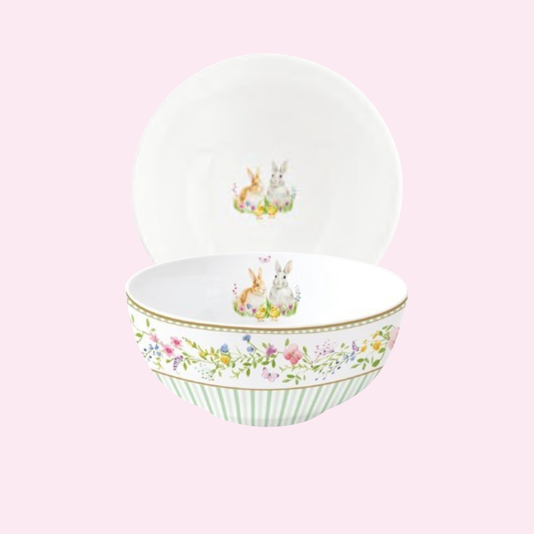 Bol Ø 15 cm Happy Easter Pâque décoré de lapins et fleurs pastel – Maison H Luxury.