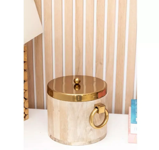 SEAU A GLACONS EN BOIS BLANC METAL DORE 20X25X20CM