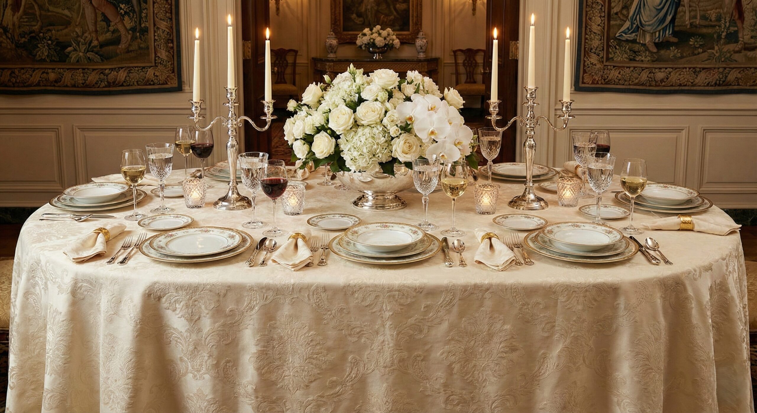 Table dressée en porcelaine fine, bougies et argenterie