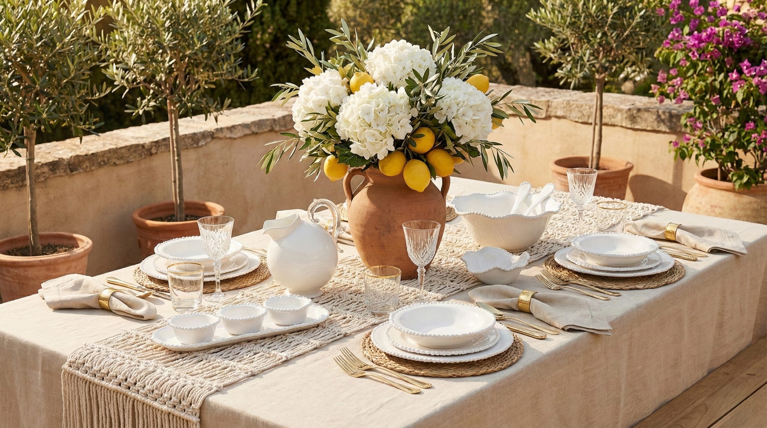 Table dressée en mélamine sur une terrasse méditerranéenne