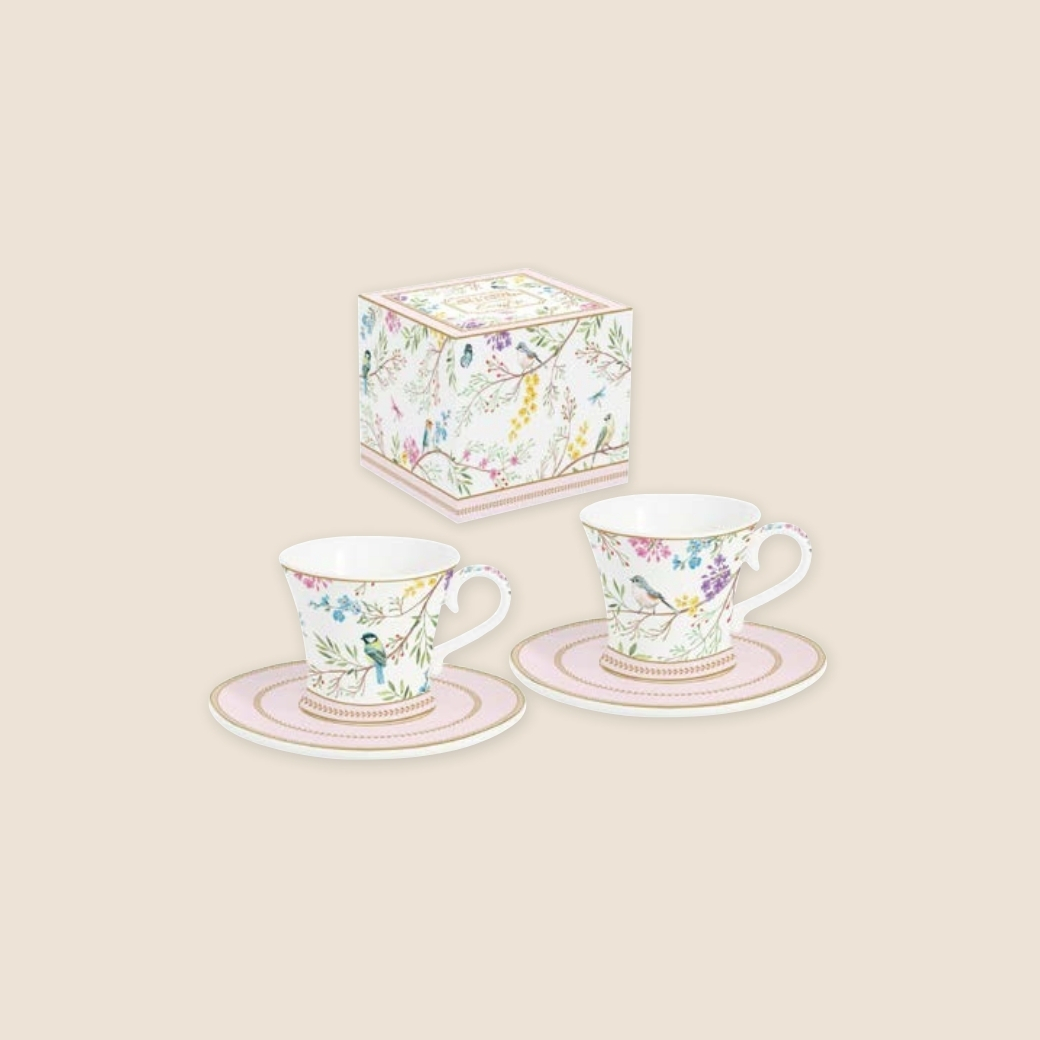 un coffret de 2 tasse avec sous tasse ml 80 de la marque Easy Life pour la collection Birds Melody, vaisselle italienne un coffret de 2 tasse avec sous tasse ml 80 de la marque Easy Life pour la collection Birds Melody, vaisselle italienne