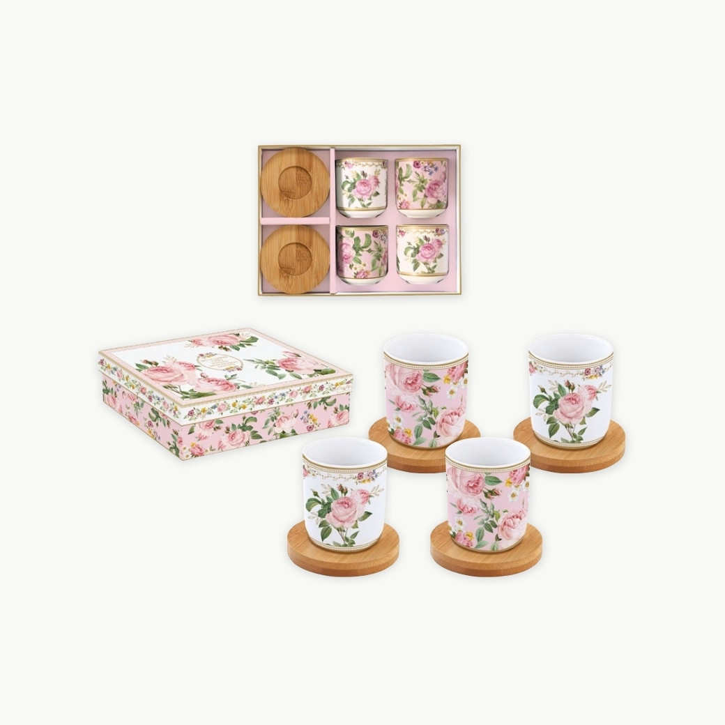 Lot de 4 petits verres à café avec soucoupes bambou Chant des roses Lot de 4 petits verres à café avec soucoupes bambou Chant des roses