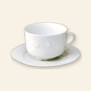 Coffret de 6 tasses et soucoupes à déjeuner grand modèle California Deshoulières 46 cl — porcelaine de Limoges blanche, fabriquée en France