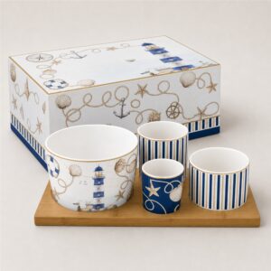 Set apéritif 4 bols + plateau bambou 29×13 Blue Lighthouse