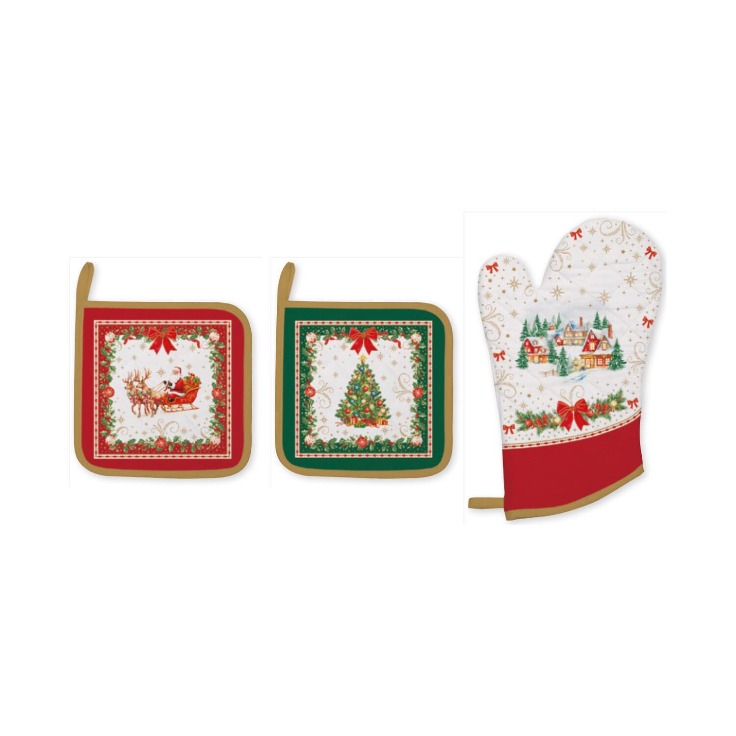 Set textile cuisine 1 gant + 2 maniques 100% coton — collection Héritage Christmas Easy Life