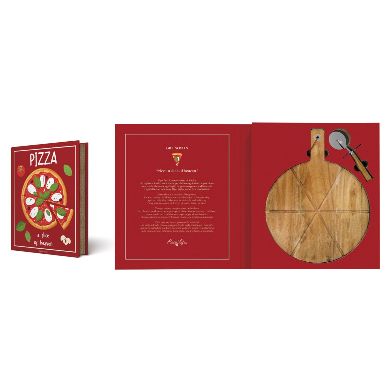 Coffret Pizza Gift Novels - Planche Acacia 42×32 & Roulette - Easy Life