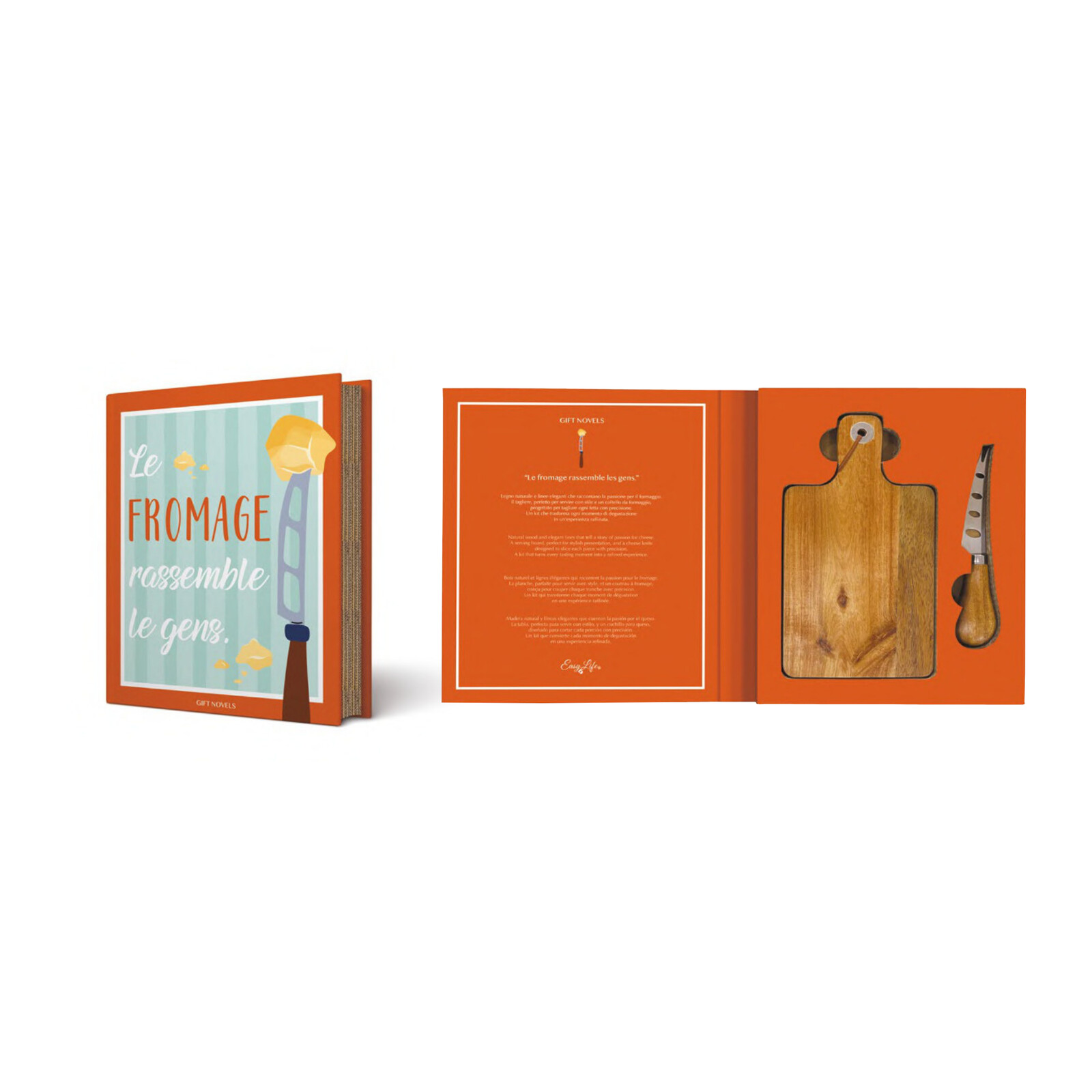 Coffret Fromage Gift Novels - Planche Acacia 19×11 & Couteau - Easy Life