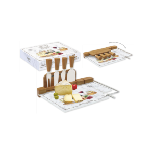 Planche à fromage Les Fromages en bambou et verre, fil coupe-fromage - 31,5 x 20 cm - Easy Life