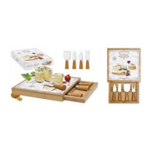 Coffret à fromage Les Fromages en bambou avec tiroir 4 couteaux - 25,5 x 25,5 cm - Easy Life