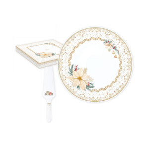 Plat à gâteau avec pelle White Elegance en porcelaine, coffret couleur - Ø32 cm - Easy Life