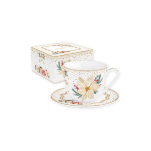 Tasse petit-déjeuner et soucoupe White Elegance en porcelaine, coffret couleur - 370 ml - Easy Life