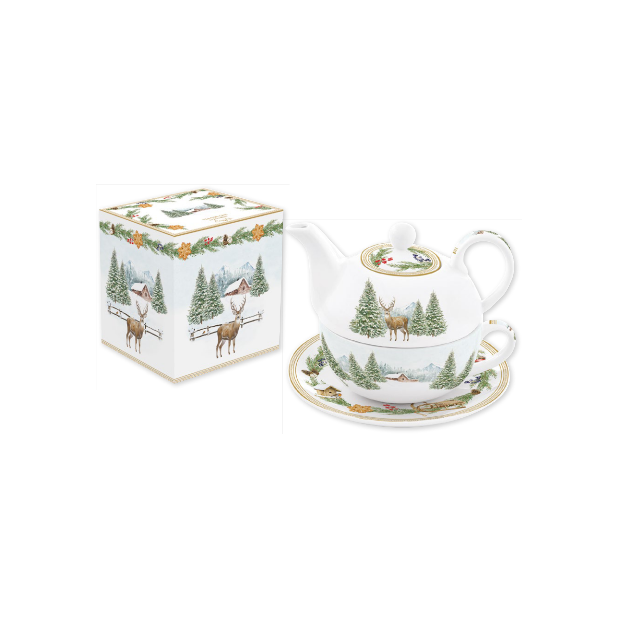 Tea for One White Forest en porcelaine, théière et tasse, coffret couleur - 350+350 ml - Easy Life