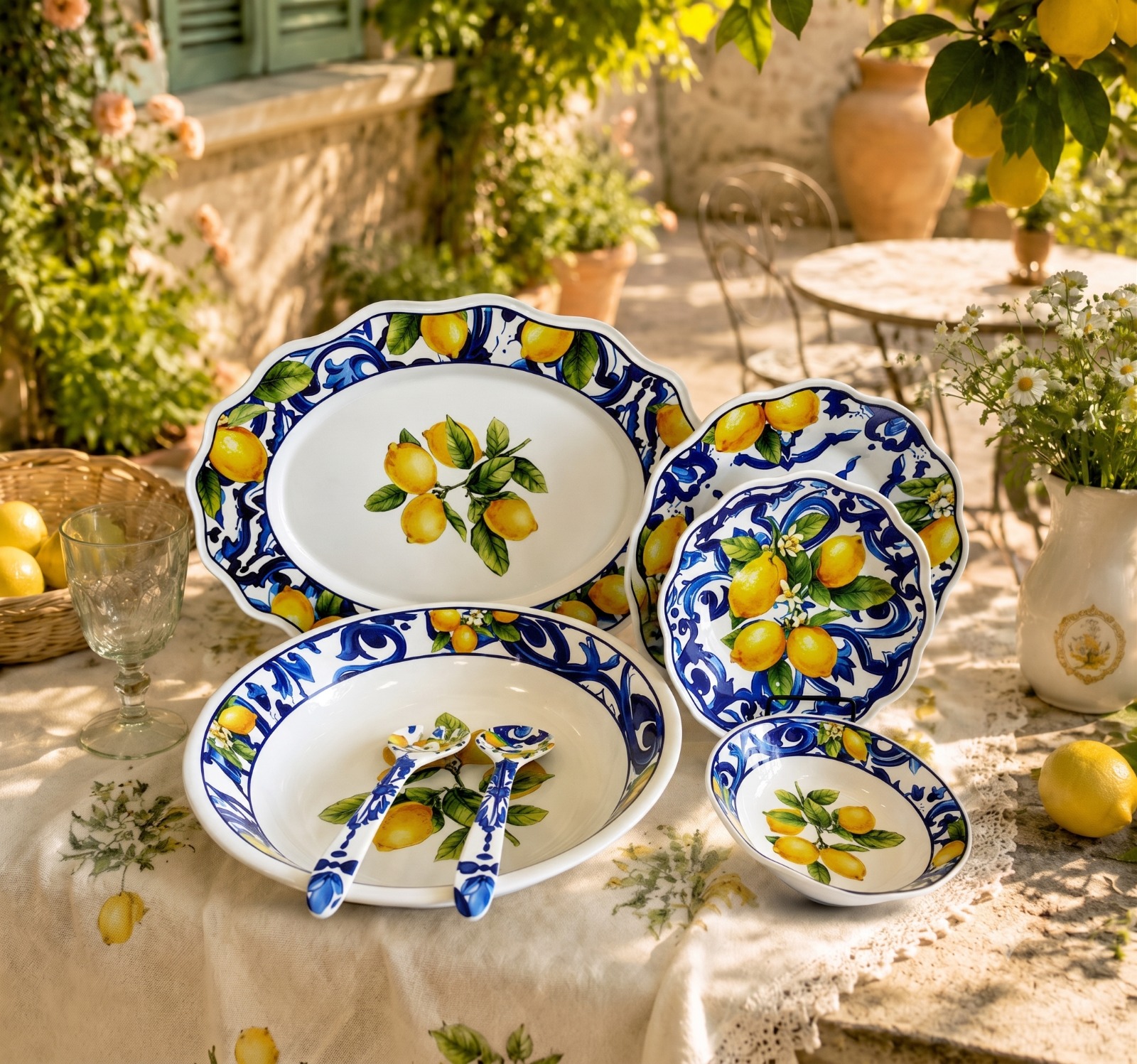 Service de table 22 pièces Citrons Bleu en mélamine incassable - 6 personnes - Dolce Vita