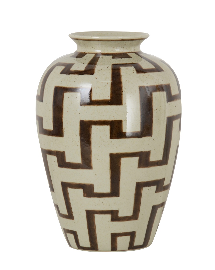 Vase Bozeman en céramique émaillée beige et brun à motif géométrique
