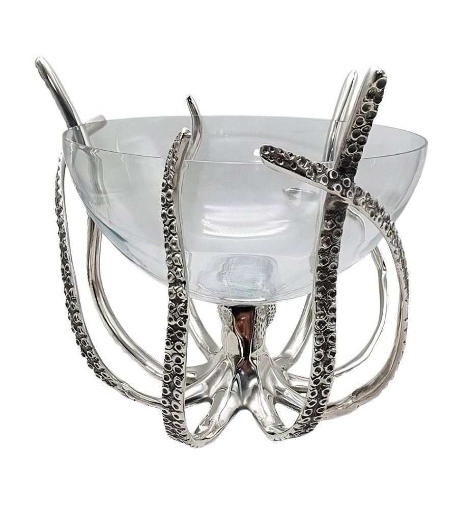 Punch bol Octopus en verre posé sur un support poulpe en nickel