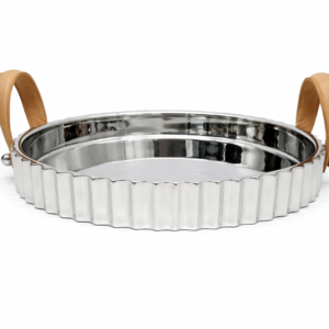 Plateau rond Hyatt en nickel et cuir naturel 37,5 cm