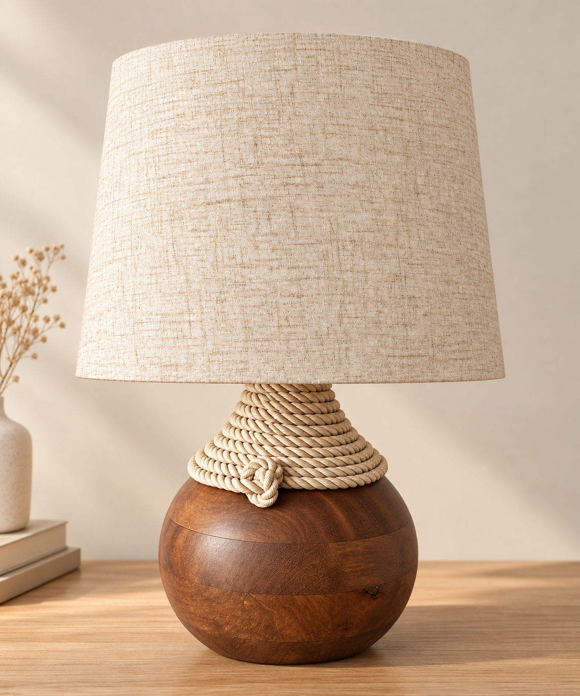 Lampe de table Giovanna Locatelli en bois massif et corde marine, abat-jour lin