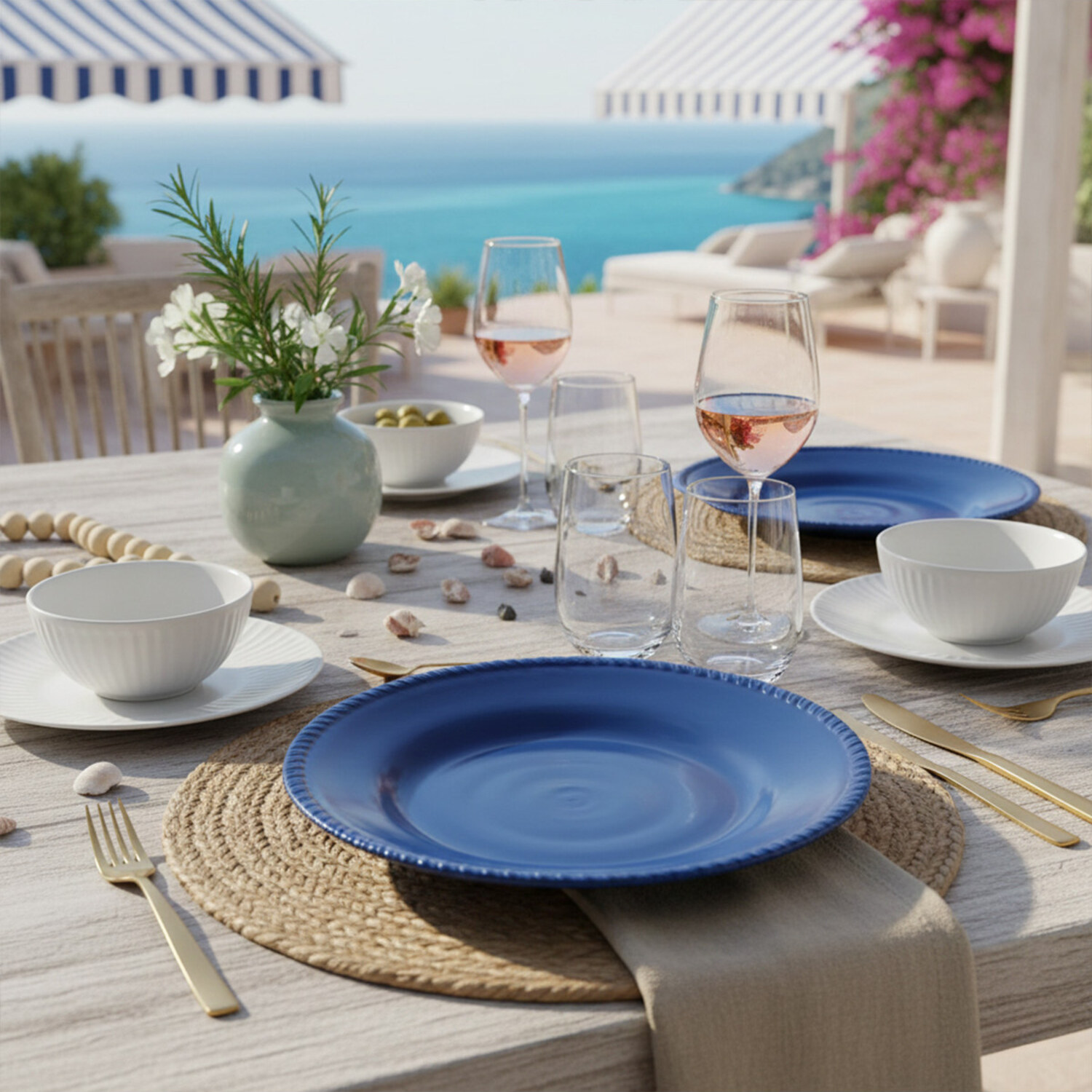 Assiettes plates Dolce Mare 28 cm en mélamine bleu marine - Lot de 6, mise en situation 2