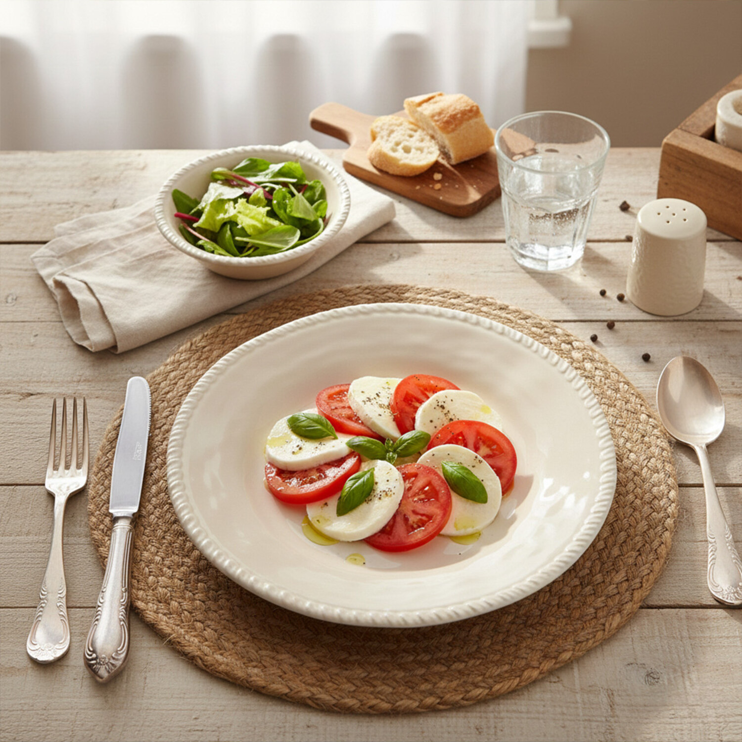 Assiettes plates Dolce Mare 28 cm en mélamine crème - Lot de 6, mise en situation 3
