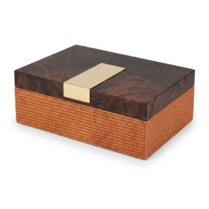 Boîte décorative 30 cm, couvercle imitation loupe de bois et corps orange à fermoir doré