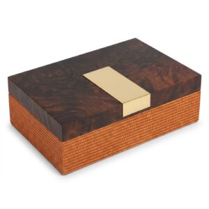 Boîte décorative 34 cm, couvercle imitation loupe de bois et corps orange à fermoir doré
