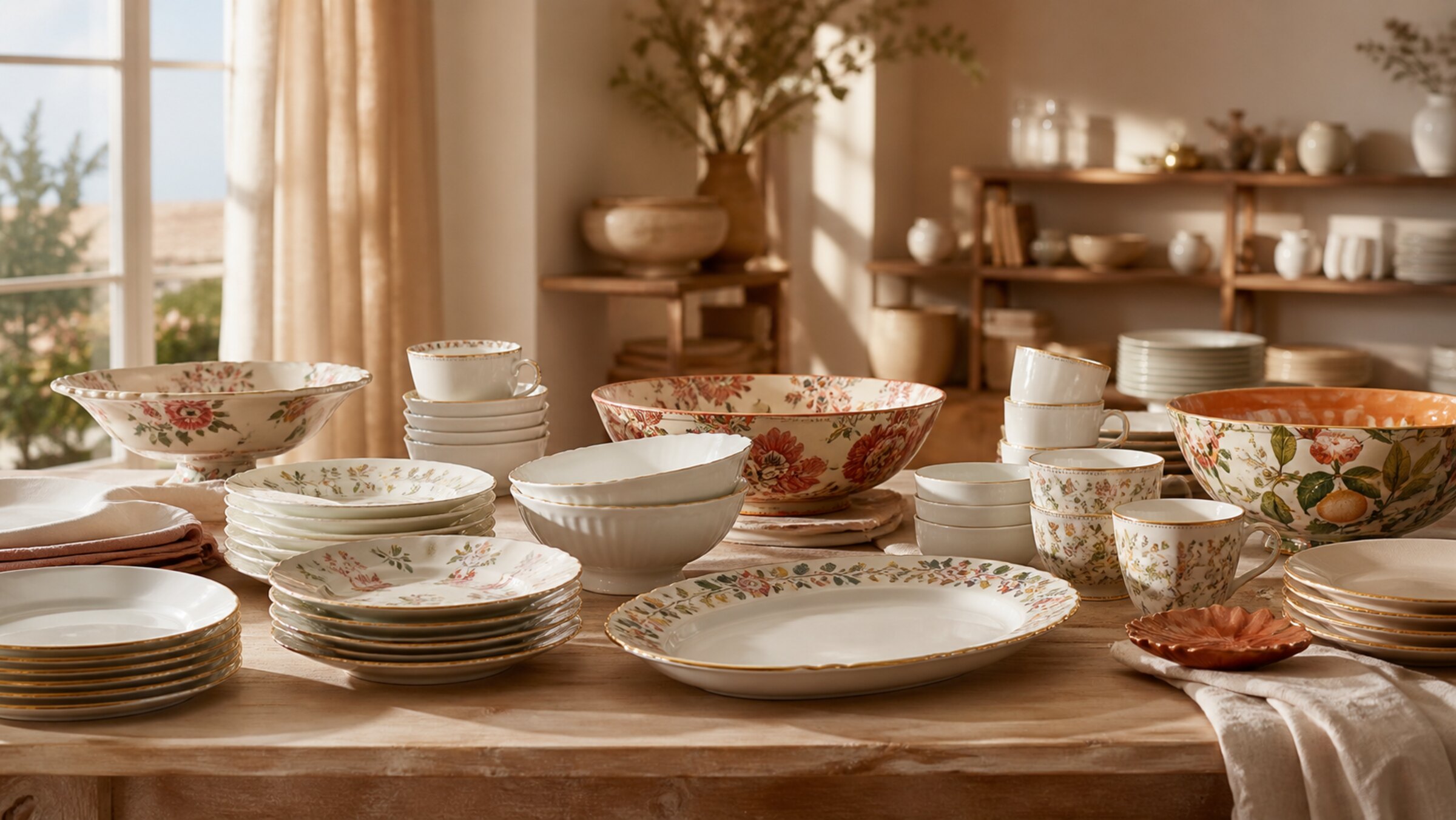 Services de table en porcelaine et mélamine réunis sur une longue table en bois, opération déstockage Maison H Luxury