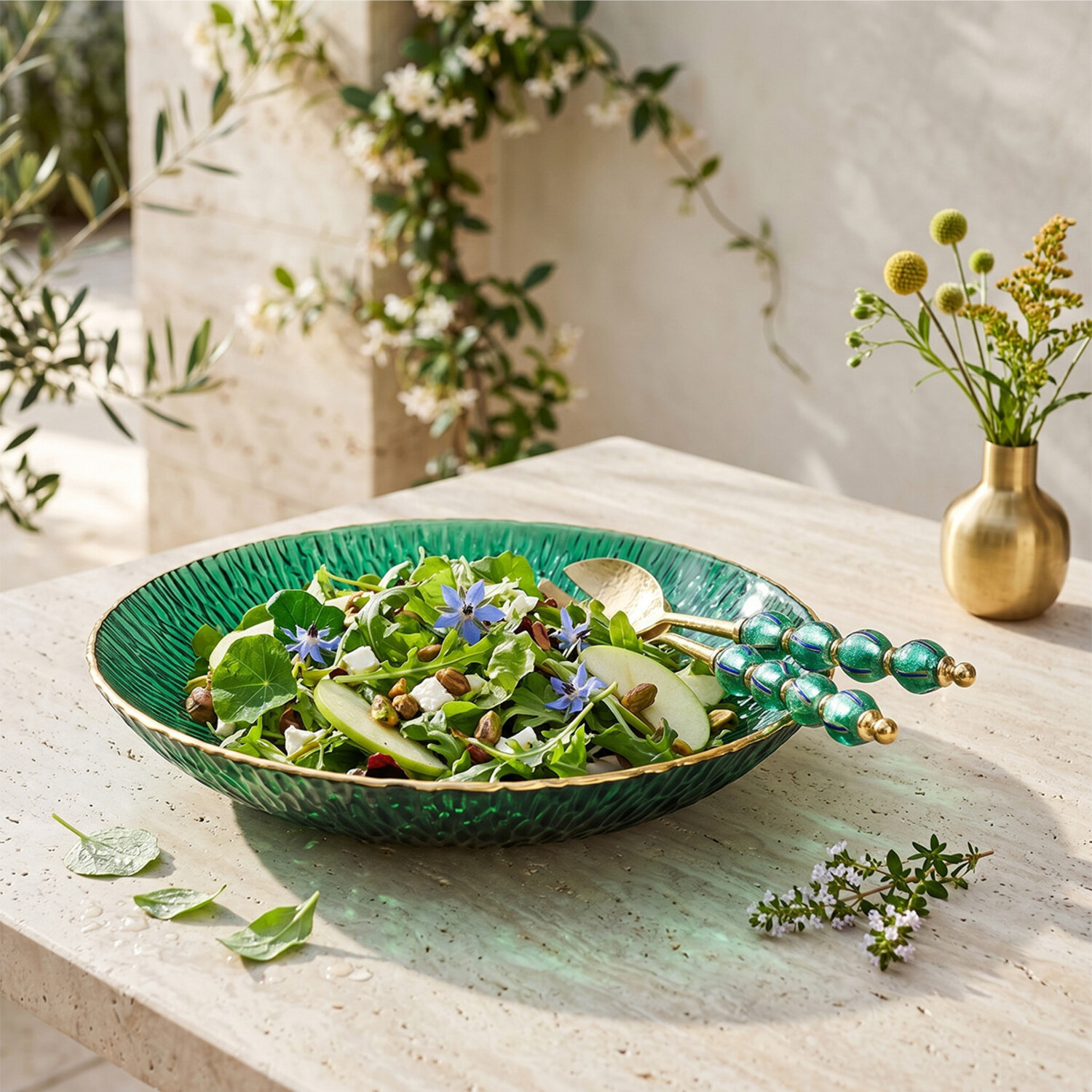 Grande coupe en verre vert émeraude à bord doré 40,5 cm, mise en situation 1