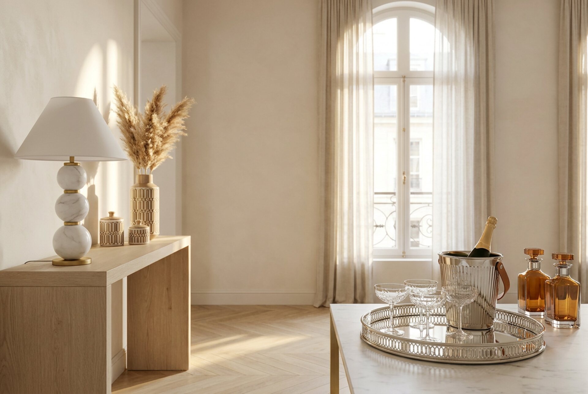 Salon lumineux : console en bois clair, lampe en marbre, seau à champagne et plateau en métal argenté