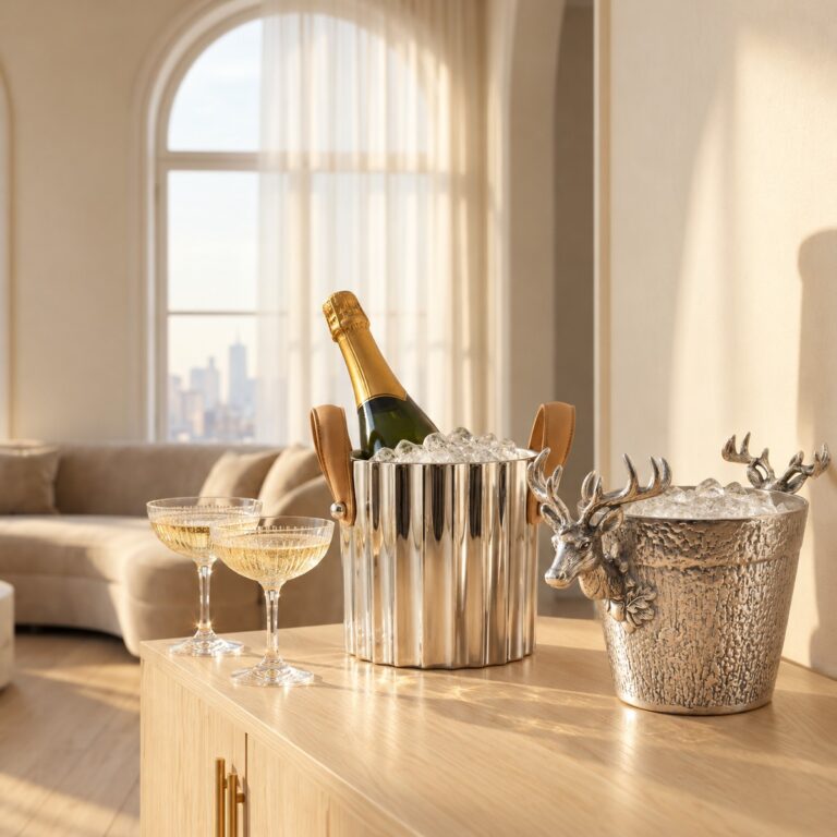 Deux seaux à champagne en nickel sur un buffet en bois clair, l’un avec une bouteille, l’autre orné d’une tête de cerf, coupes de champagne à côté.