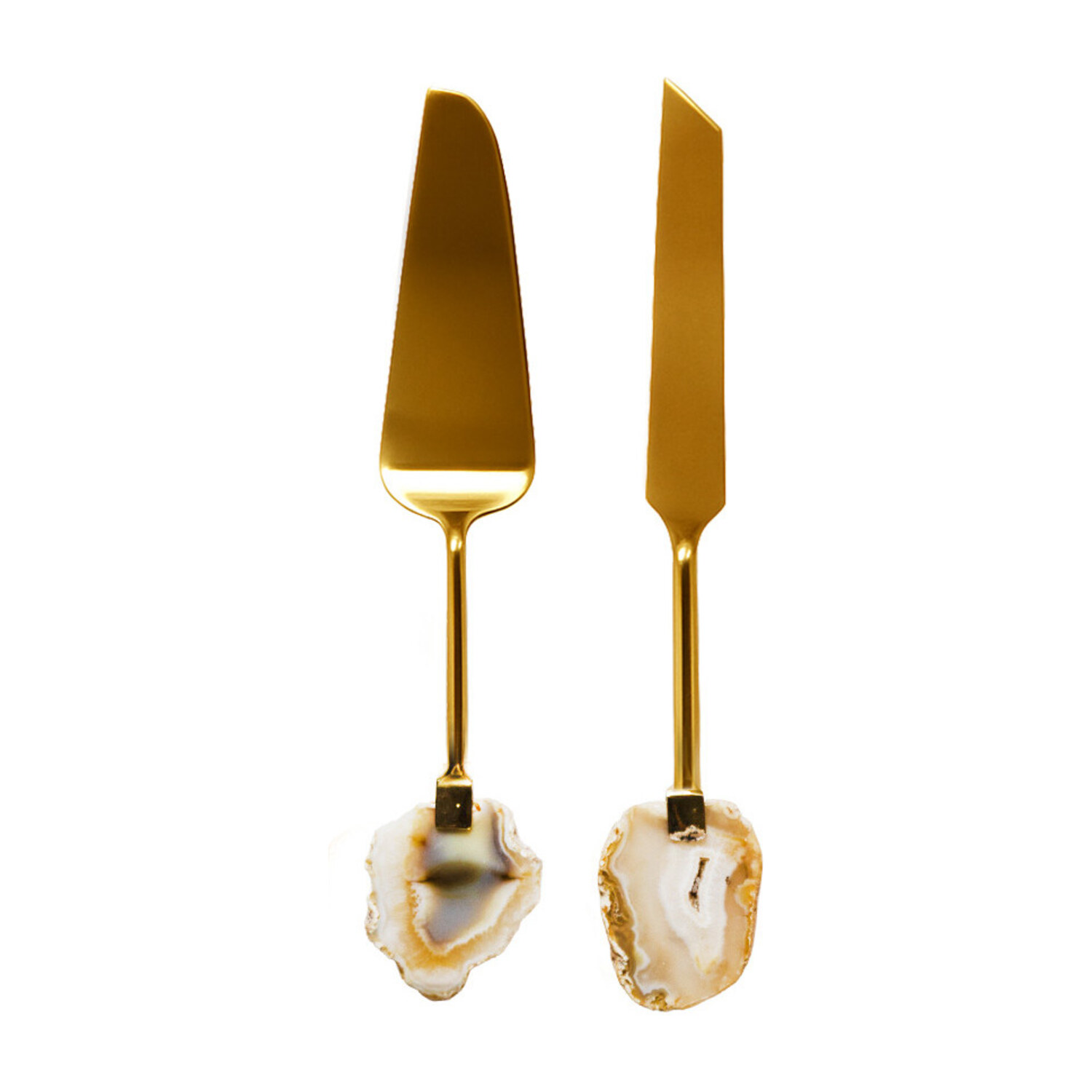 Pelle à tarte et couteau dorés manches en agate beige